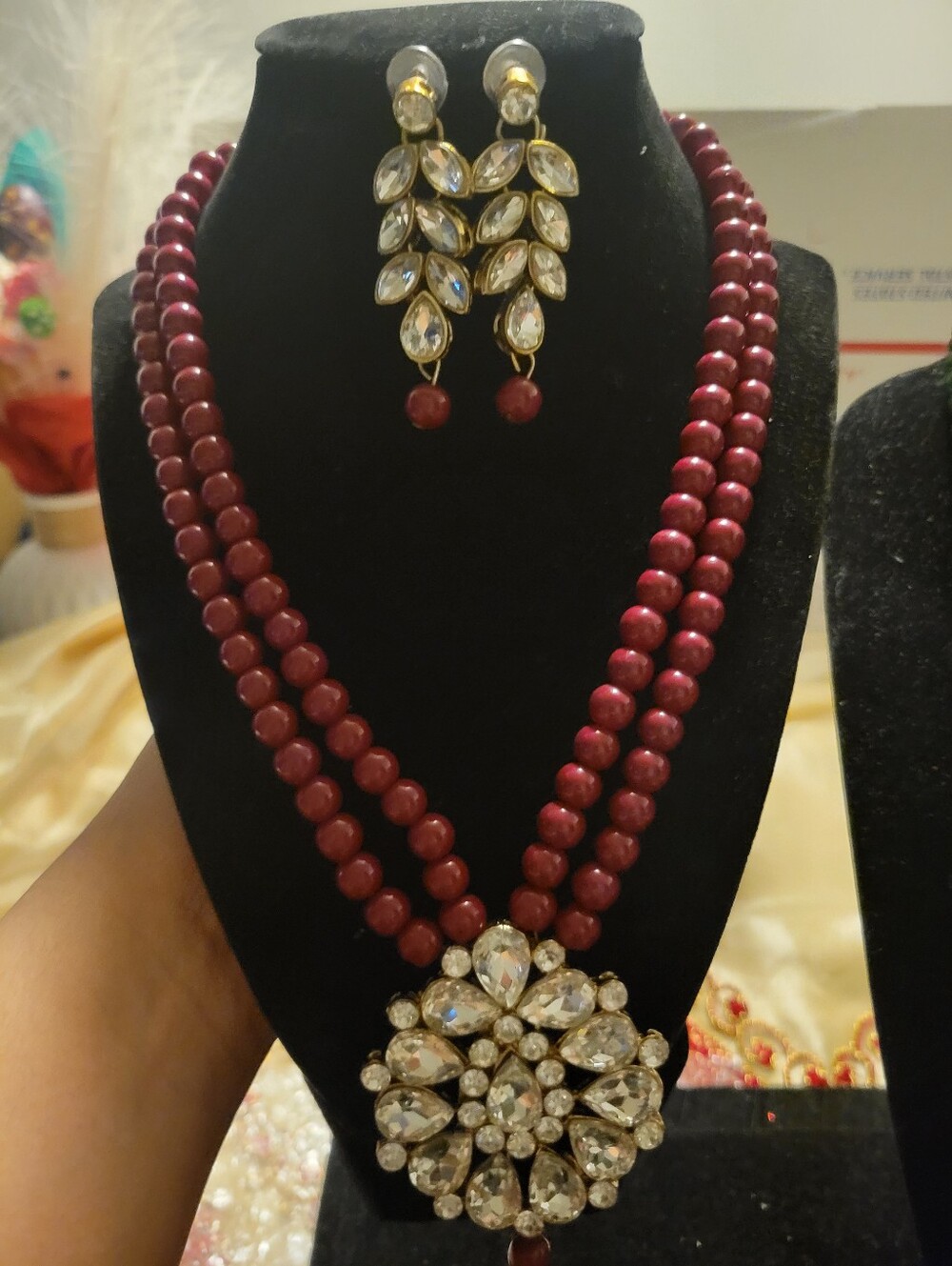 Elegant Maroon Beaded Necklace & Crystal Pendant Set